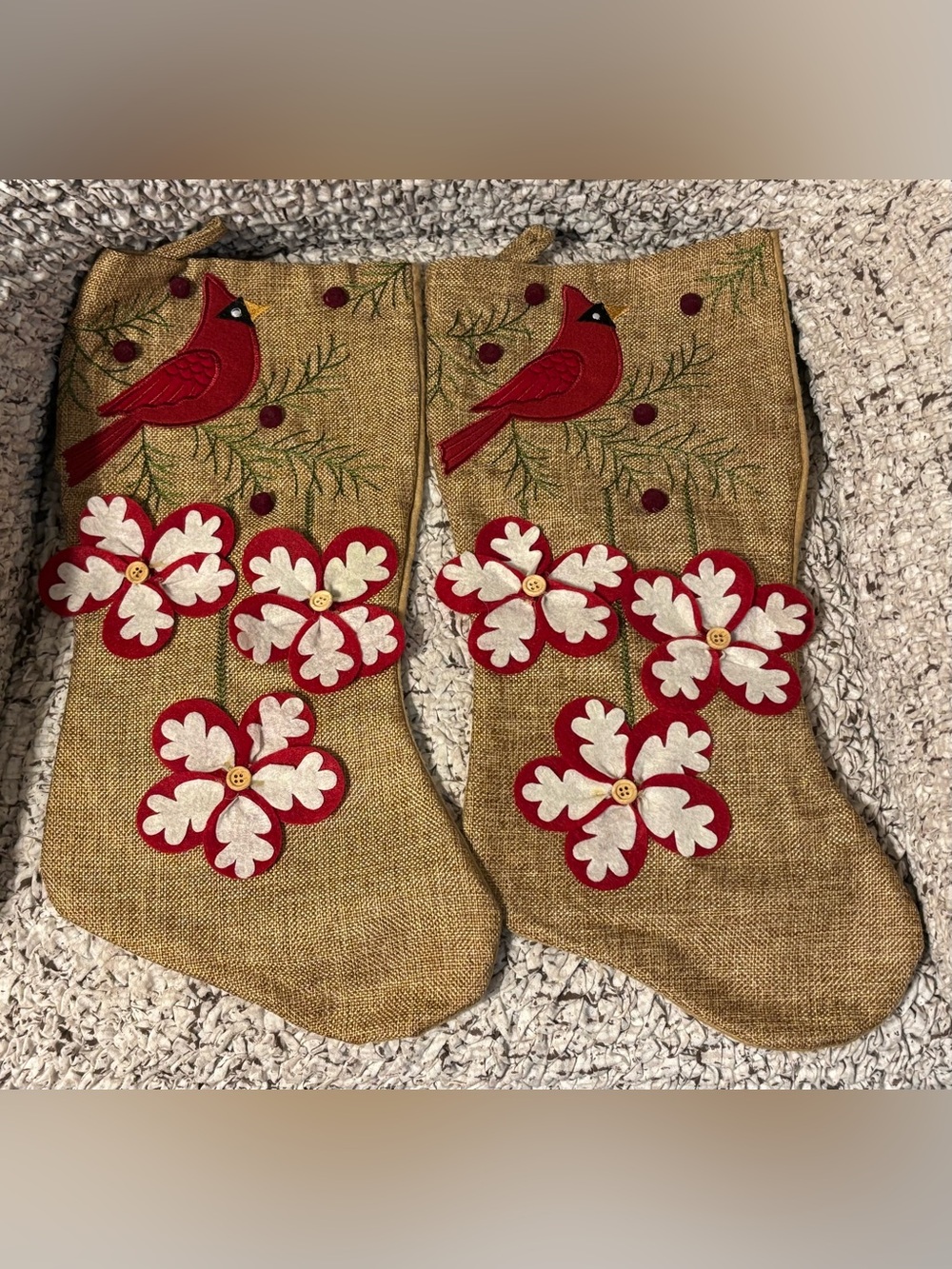 Burlap Christmas Stockings with Red Cardinal & White Floral Appliqué - Set of 2